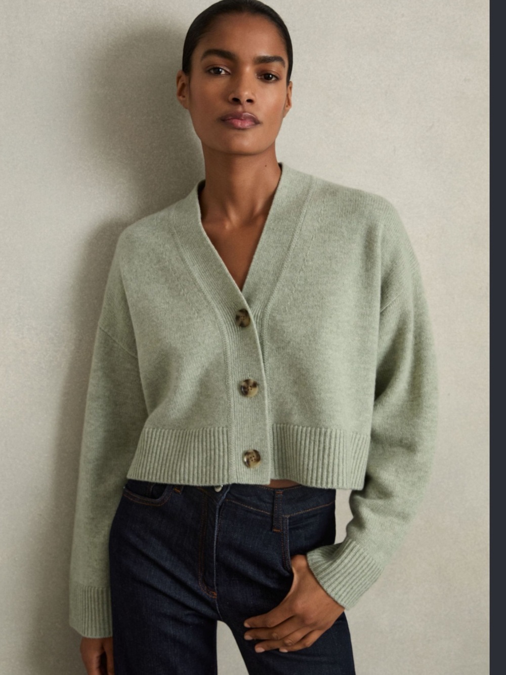 Reiss Wool Cashmere Cardigan Women’s XS Boxy Crop Oversized Sage Green B30